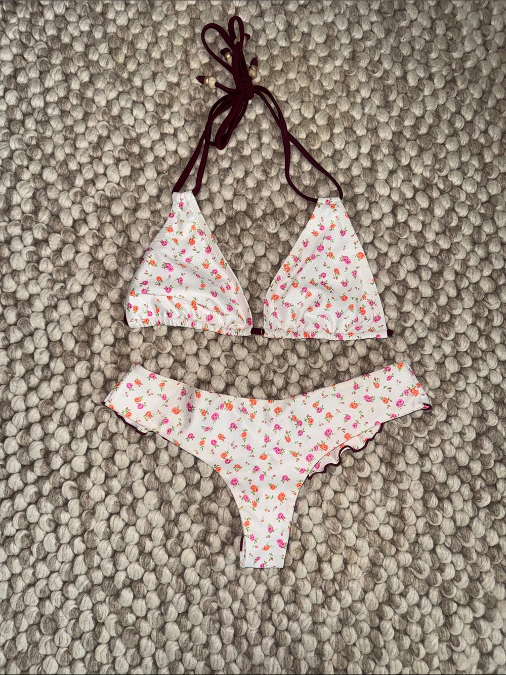 Kulani Kinis White Floral Bikini with Burgundy Ties - large top/small bottoms